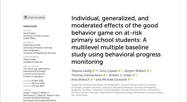 Titelseite der Einzelfallstudie zum Good Behavior Game (KlasseKinderSpiel)