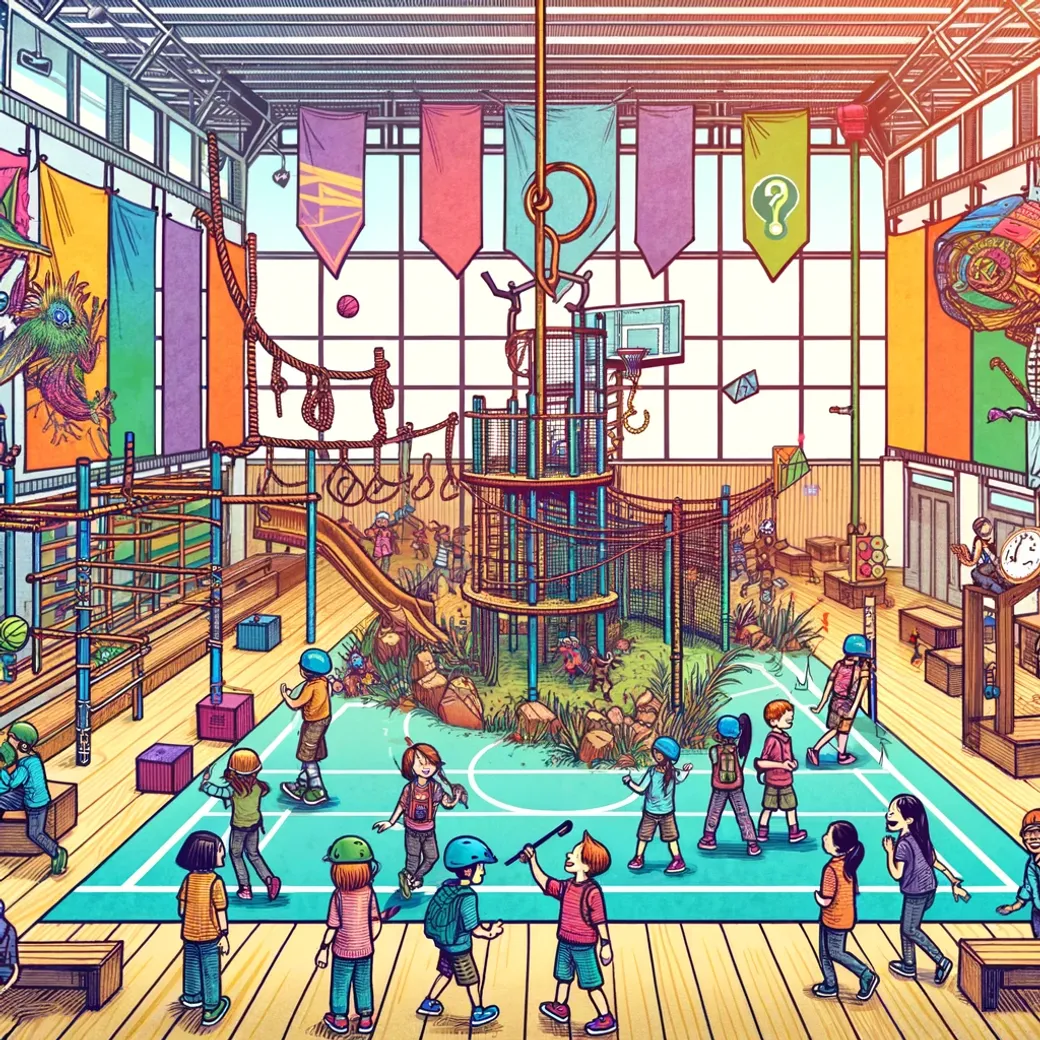 Illustration von Schüler*innen bei einer erlebnispädagogischen Aktivität in einer Turnhalle