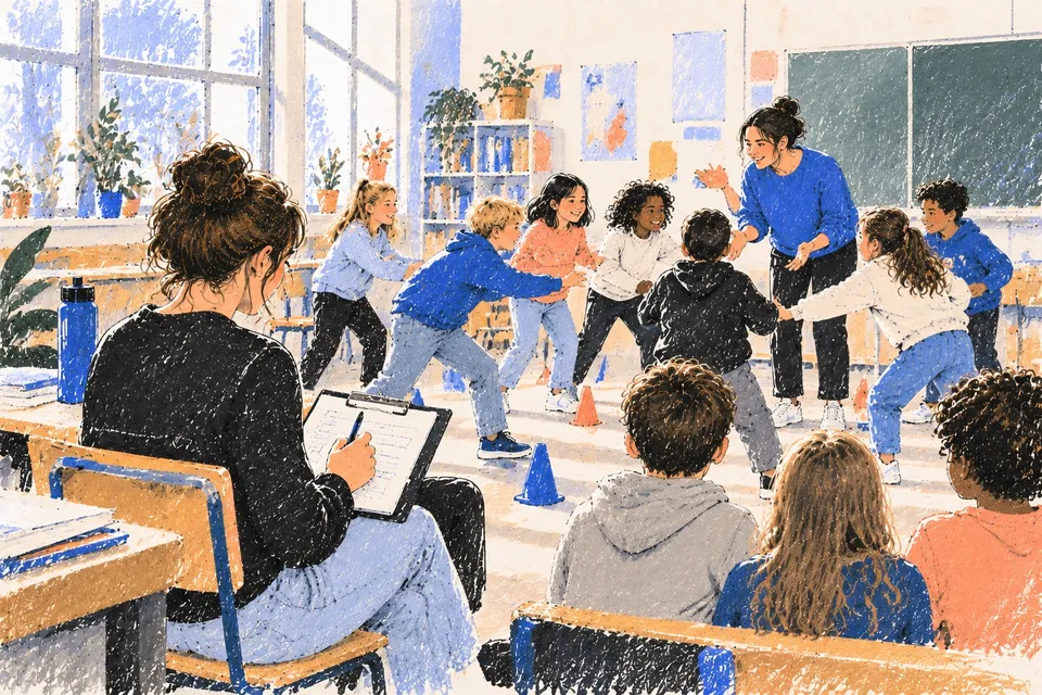 Illustration: Eine Forscherin mit Klemmbrett beobachtet eine Klasse, die mit ihrer Lehrkraft ein Spiel in Teams spielt.