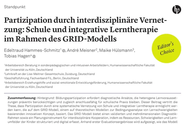 Erste Seite der Veröffentlichung „Partizipation durch interdisziplinäre Vernetzung: Schule und integrative Lerntherapie im Rahmen des GRID-Modells“ mit Titel und Autor:innen.