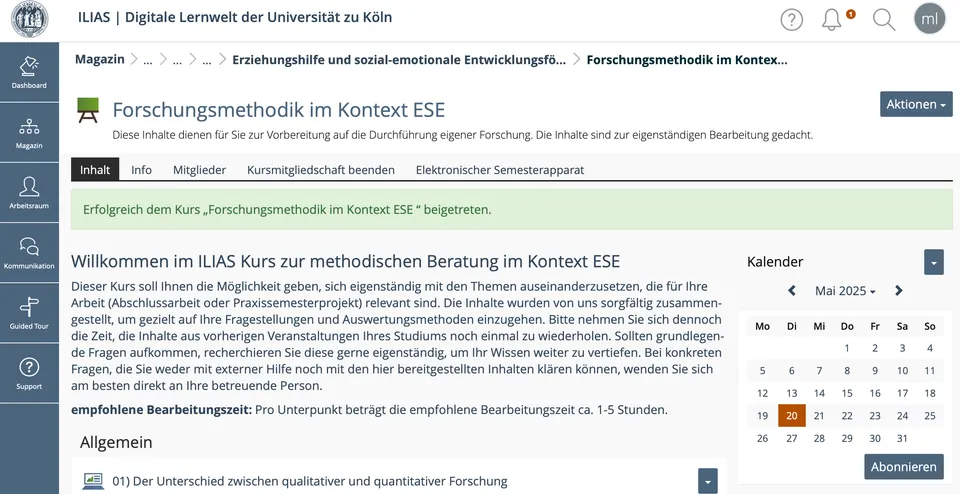 Startseite des ILIAS-Kurses zum Thema Forschungsmethodik