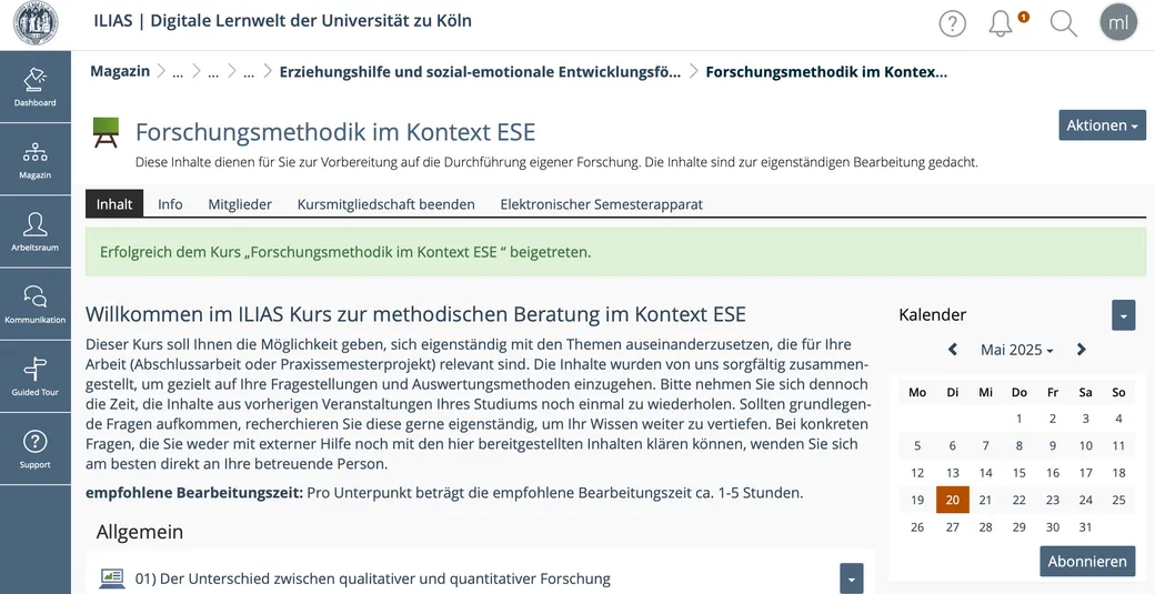 Startseite des ILIAS-Kurses zum Thema Forschungsmethodik