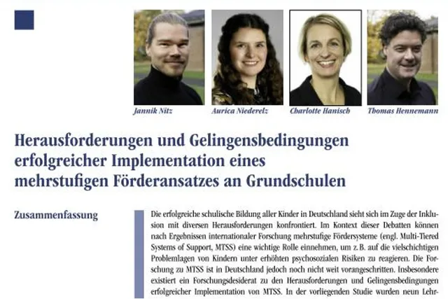 Titelblatt-Vorschau der Veröffentlichung „Herausforderungen und Gelingensbedingungen erfolgreicher Implementation eines mehrstufigen Förderansatzes an Grundschulen“ mit Titel und Autor:innen.