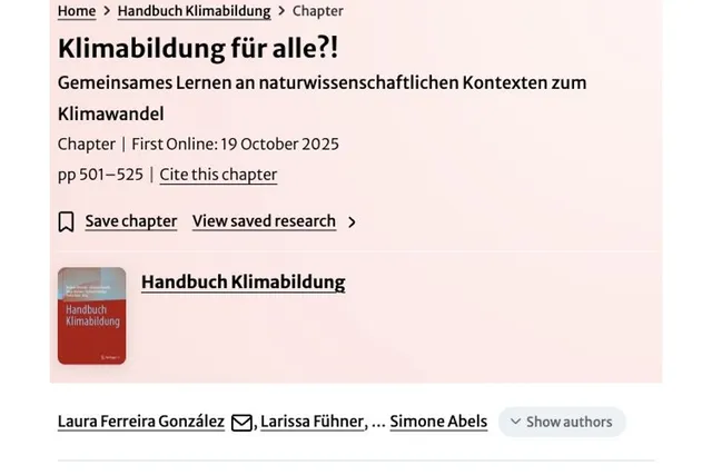Ausschnitt der Verlagsseite mit Titel und Autor:innen des Kapitels zur Klimabildung.