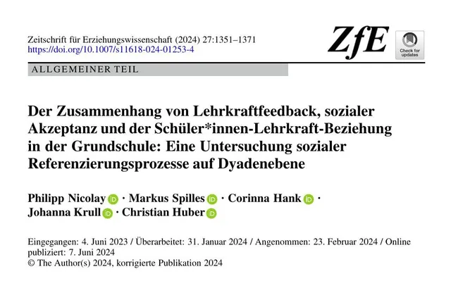 Erste Seite der Veröffentlichung zum Beitrag „Lehrkraftfeedback, soziale Akzeptanz und die Beziehung zur Lehrkraft“