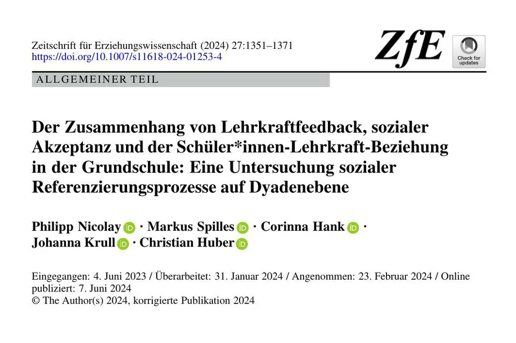 Erste Seite der Veröffentlichung zum Beitrag „Lehrkraftfeedback, soziale Akzeptanz und die Beziehung zur Lehrkraft“