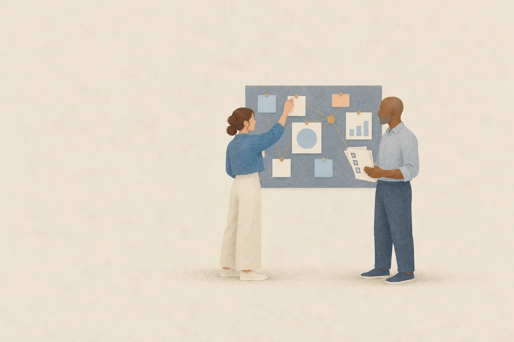 KI-generierte Illustration: Zwei Forschende an einer Pinnwand mit Zetteln und Diagrammen: Eine Person heftet einen Zettel an, die andere hält Unterlagen.