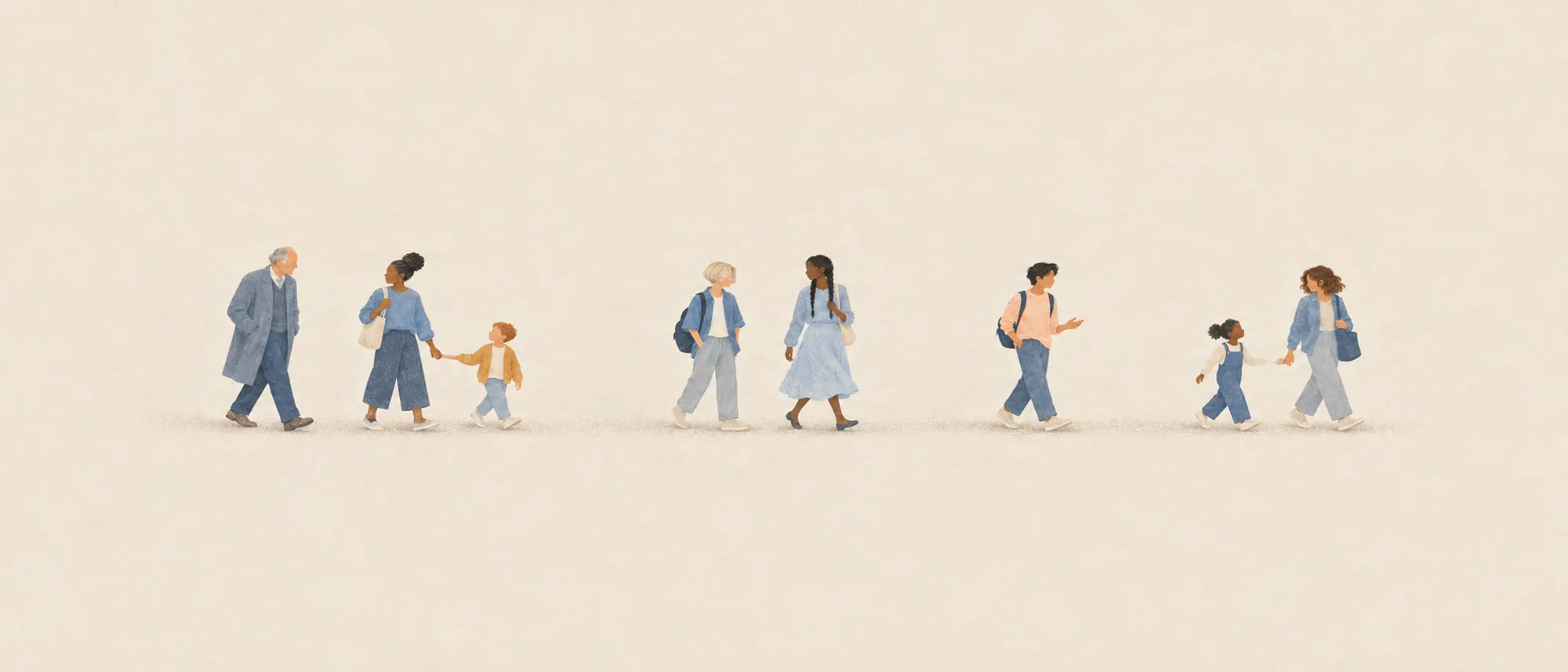 KI-generierte Illustration: Kleine Figuren unterschiedlichen Alters gehen in einer lockeren Reihe gemeinsam von links nach rechts, ein Kind an der Hand eines Erwachsenen.
