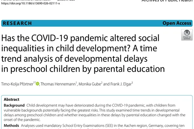 Titelseite der Veröffentlichung „Has the COVID-19 pandemic altered social inequalities in child development? A time trend analysis of developmental delays in preschool children by parental education“.