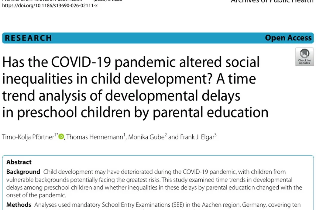 Titelseite der Veröffentlichung „Has the COVID-19 pandemic altered social inequalities in child development? A time trend analysis of developmental delays in preschool children by parental education“.