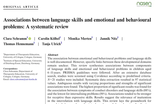 Erste Seite der Veröffentlichung „Associations between language skills and emotional and behavioural problems“ mit Titel und Autor:innen.