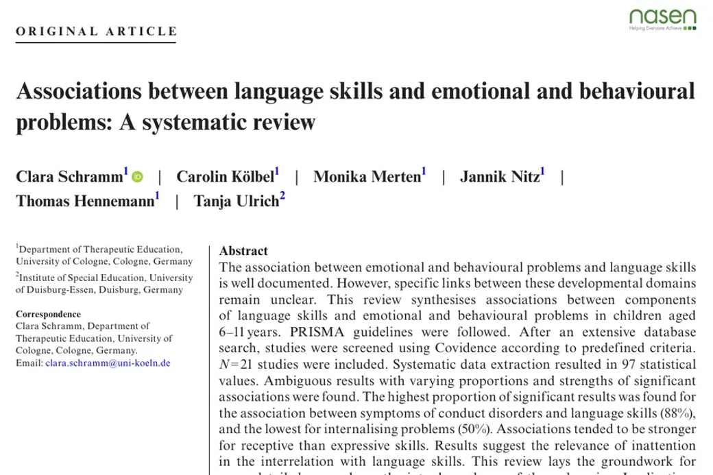 Erste Seite der Veröffentlichung „Associations between language skills and emotional and behavioural problems“ mit Titel und Autor:innen.