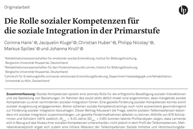 Erste Seite der Veröffentlichung „Die Rolle sozialer Kompetenzen für die soziale Integration in der Primarstufe“ mit Titel und Autor:innen.