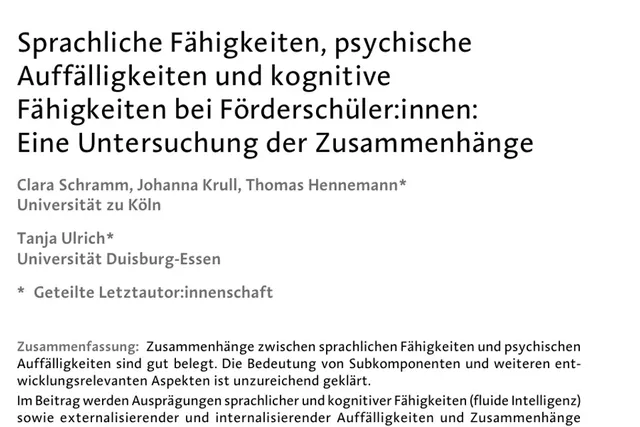 Erste Seite der Veröffentlichung „Sprachliche Fähigkeiten, psychische Auffälligkeiten und kognitive Fähigkeiten bei Förderschüler:innen“ mit Titel und Autor:innen.