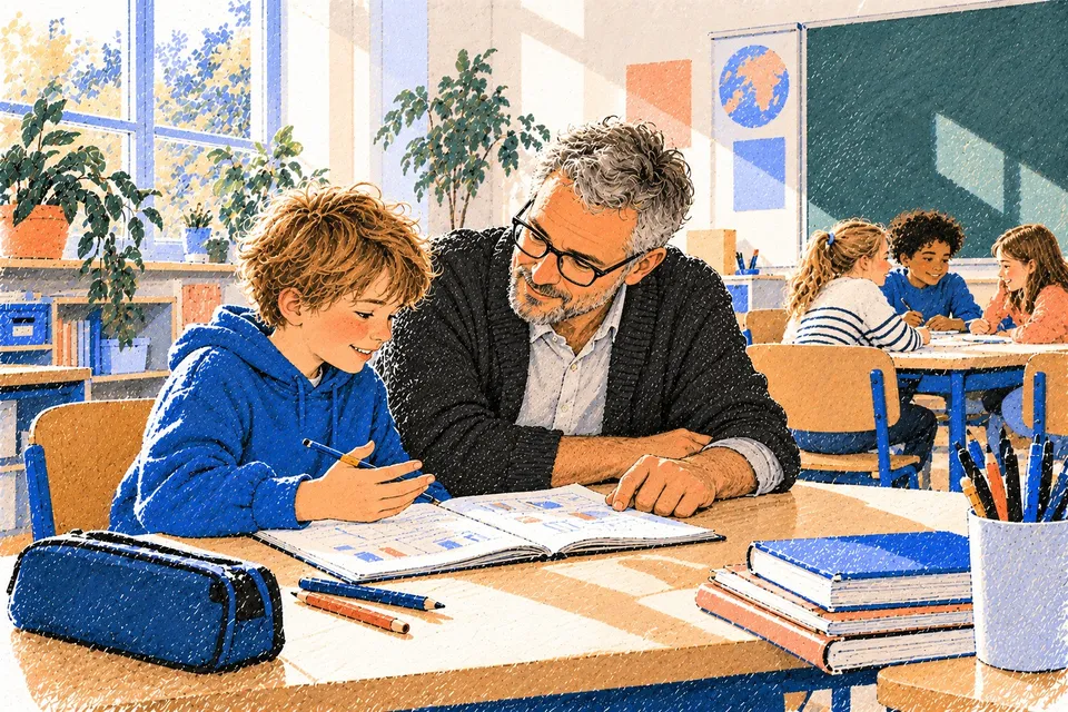 Illustration: Ein Lehrer sitzt im Klassenzimmer neben einem Kind an dessen Tisch, beide schauen gemeinsam in ein Heft, im Hintergrund arbeiten Kinder in einer Gruppe.