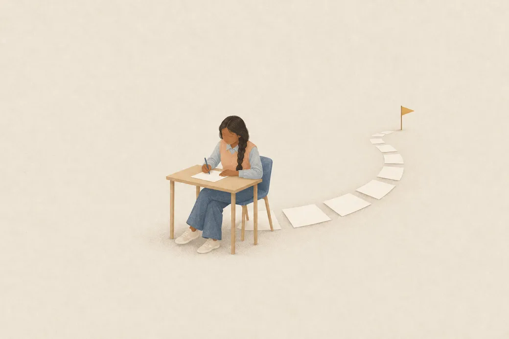 KI-generierte Illustration: Eine Studentin schreibt an einem kleinen Schreibtisch, von dort führt ein Weg aus Papierbögen in einem Bogen zu einem kleinen Fähnchen.