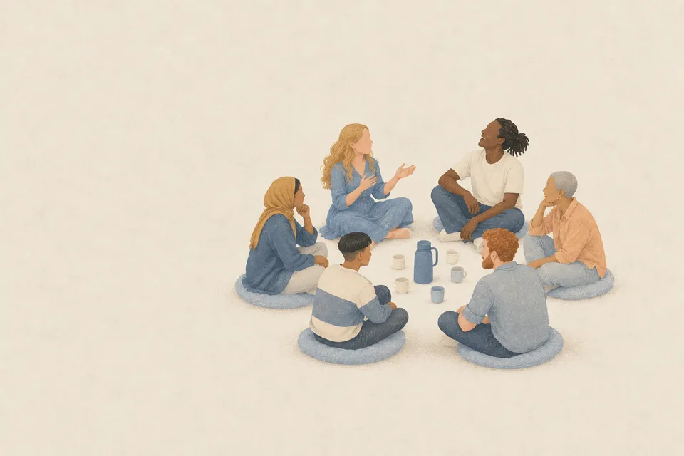 KI-generierte Illustration: Sechs Studierende sitzen im Kreis auf Sitzkissen am Boden und unterhalten sich, in der Mitte stehen eine Thermoskanne und Becher.