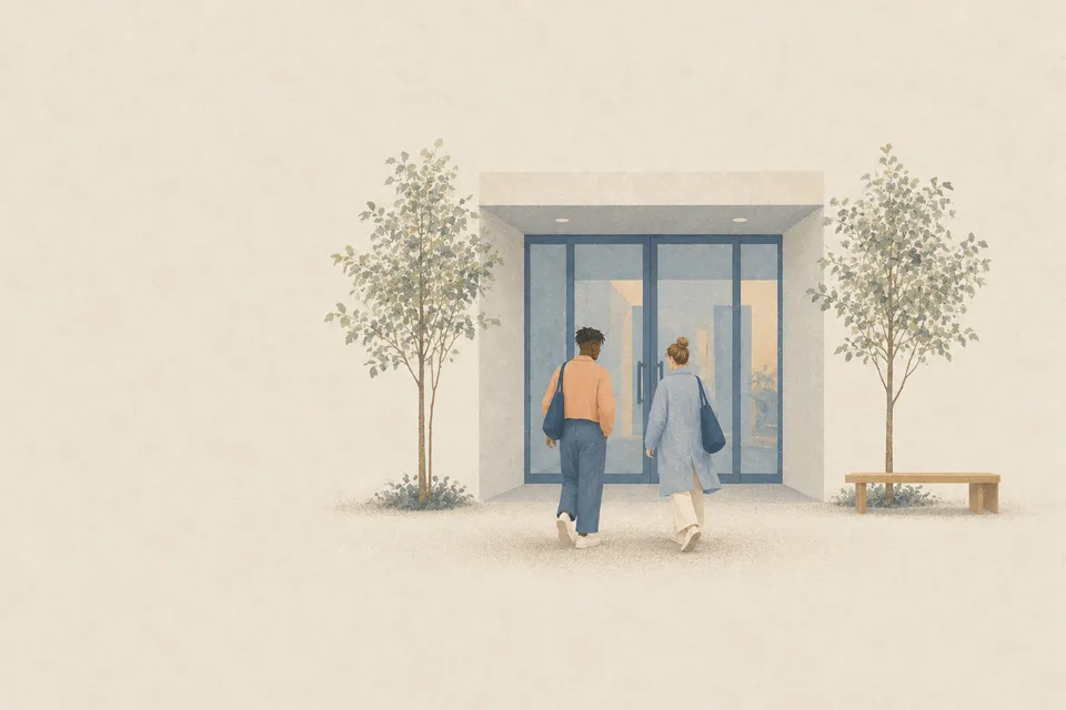 KI-generierte Illustration: Zwei Personen gehen zwischen zwei jungen Bäumen auf die Glastür eines Universitätsgebäudes zu, daneben steht eine Bank.