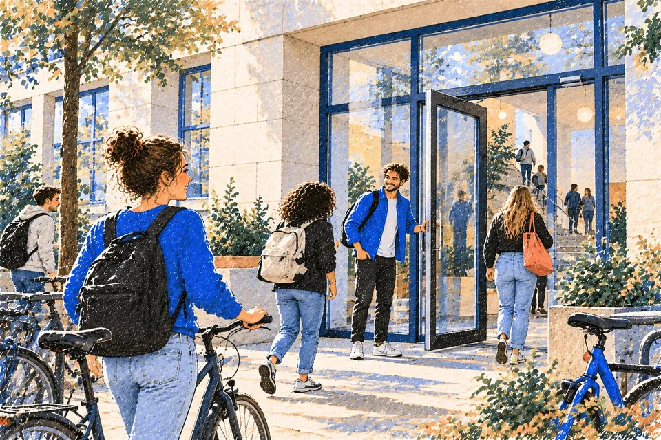 Illustration: Menschen gehen über einen Vorplatz mit Bäumen auf den Eingang eines Universitätsgebäudes zu.